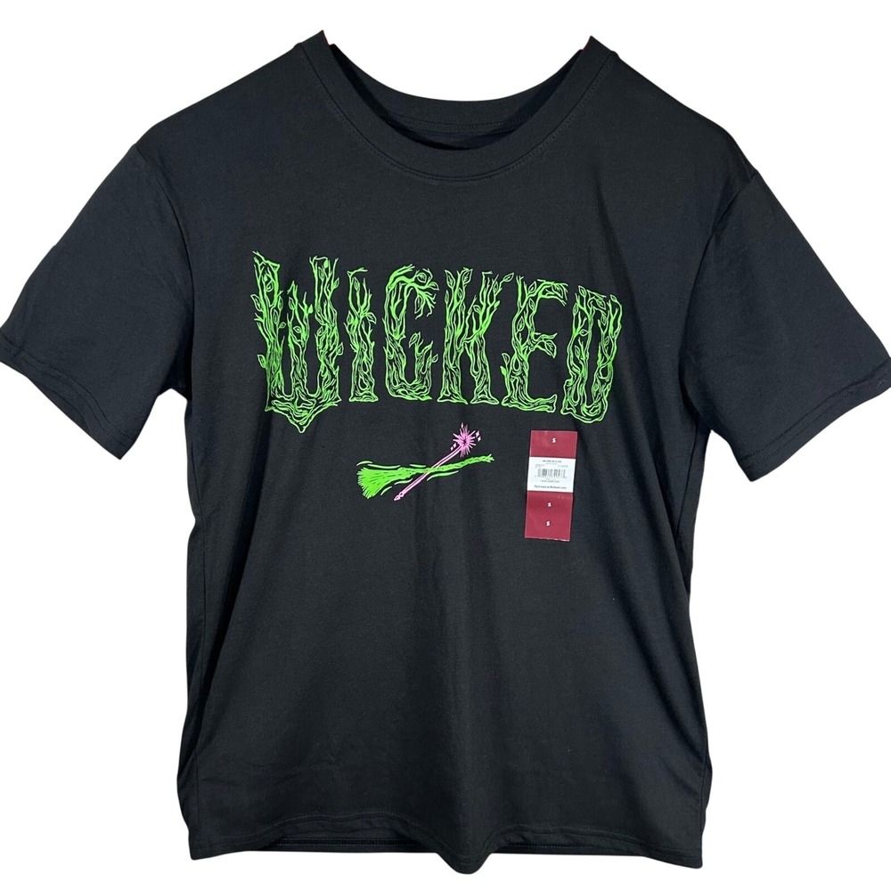 Wicked Movie Graphic T-Shirt Black Soot Green Logo‎ Wand Broom Small New
